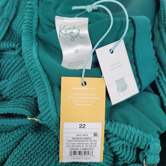 Kona Sol Teal Green Pucker Square Neck Swimsuit - Size 22 - Picture 4 of 6